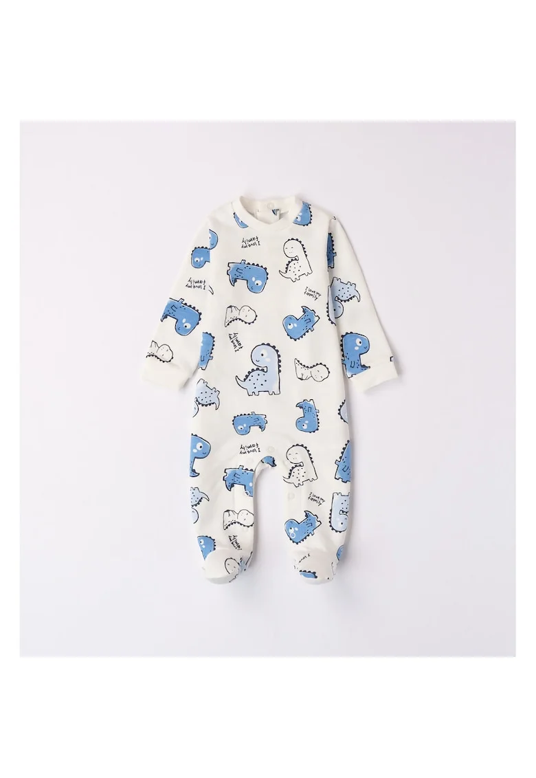 Salopeta lunga cu imprimeu dinozaur pentru bebe baiat,  4.7177, Alb/Albastru, Alb/Albastru