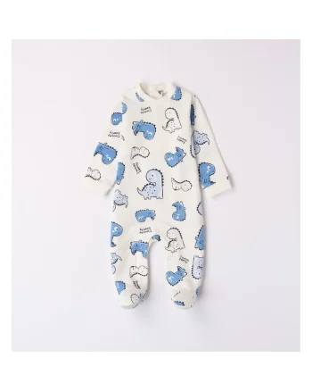 Salopeta lunga cu imprimeu dinozaur pentru bebe baiat,  4.7177, Alb/Albastru, Alb/Albastru
