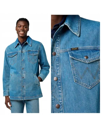 Jacheta Barbati,  Wrange Jacket, Regular Fit, Denim Design, Fara Gluga, Cu Nasturi, Bumbac, Marime XL, Albastru