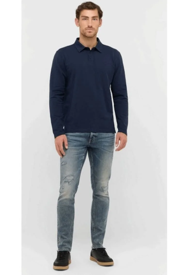 Tricou Polo Barbati,  Portis, Regular Fit, Cu Guler, Cu Logo, Design Clasic, Maneci Lungi, Bumbac, Albastru, Albastru inchis