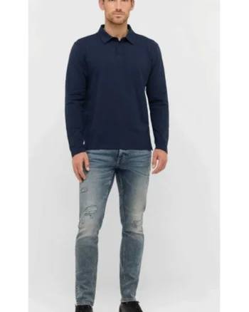 Tricou Polo Barbati,  Portis, Regular Fit, Cu Guler, Cu Logo, Design Clasic, Maneci Lungi, Bumbac, Albastru, Albastru inchis