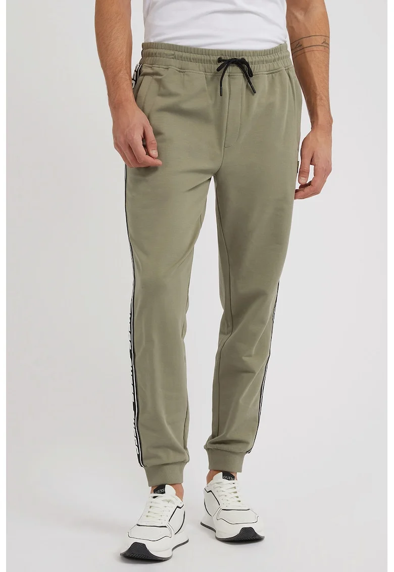 Pantaloni de trening cu benzi logo laterale si snur, Masliniu deschis