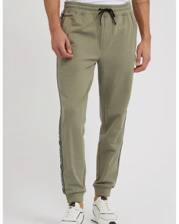 Pantaloni de trening cu benzi logo laterale si snur, Masliniu deschis