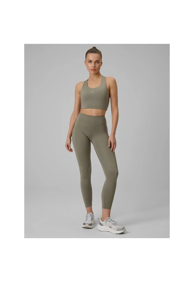 Pantaloni sport dama,  colanti antrenament, uscare rapida, kaki, slim fit, talie inalta