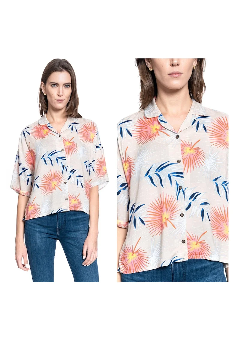 Camasa Dama,  Floral Resort Shirt, Regular Fit, Maneci Scurti, Floral Design, Cu Nasturi, Bumbac, Marime S, Bej