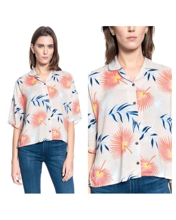 Camasa Dama,  Floral Resort Shirt, Regular Fit, Maneci Scurti, Floral Design, Cu Nasturi, Bumbac, Marime S, Bej