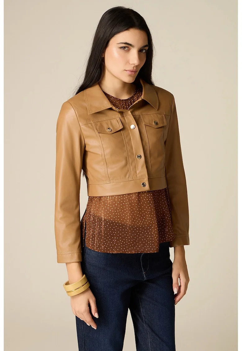 Jacheta crop din piele sintetica cu guler, Maro camel