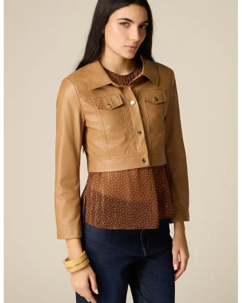 Jacheta crop din piele sintetica cu guler, Maro camel