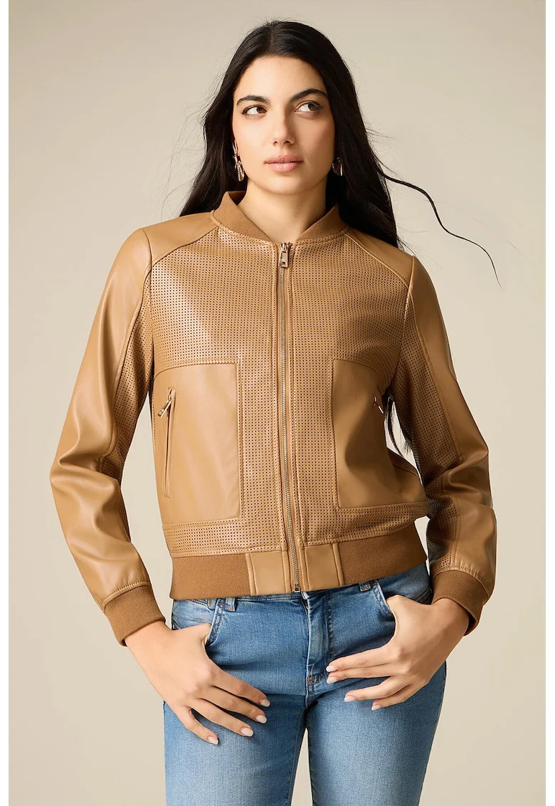 Jacheta de piele sintetica cu perforatii decorative, Maro camel