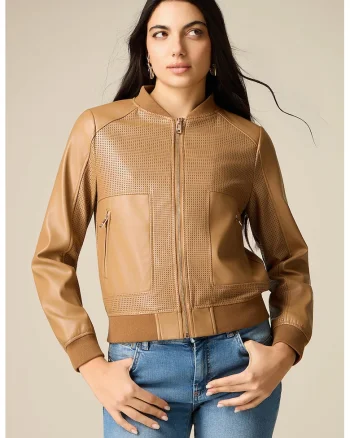 Jacheta de piele sintetica cu perforatii decorative, Maro camel