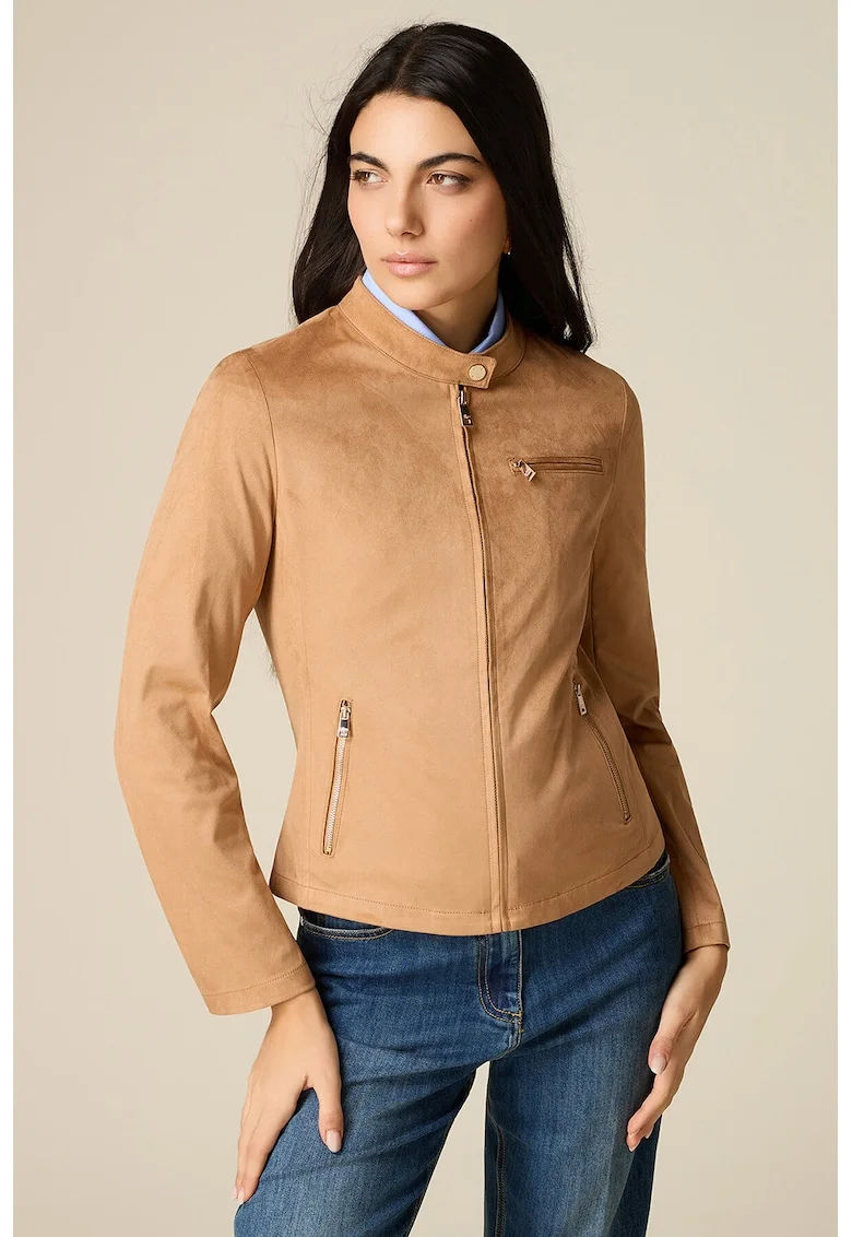 Jacheta slim fit de piele intoarsa sintetica, Maro camel
