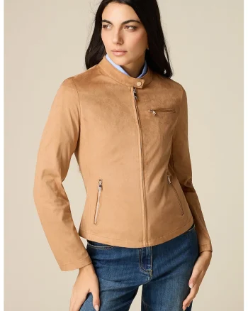 Jacheta slim fit de piele intoarsa sintetica, Maro camel