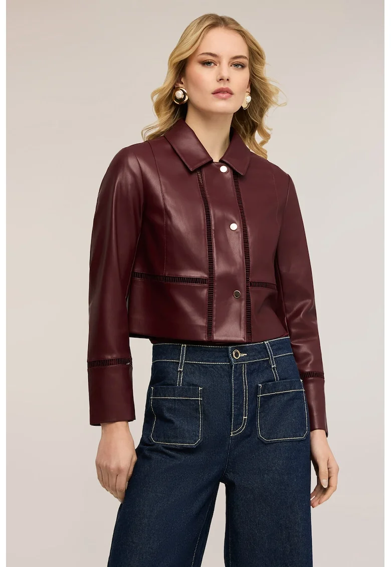 Jacheta crop de piele sintetica, Visiniu