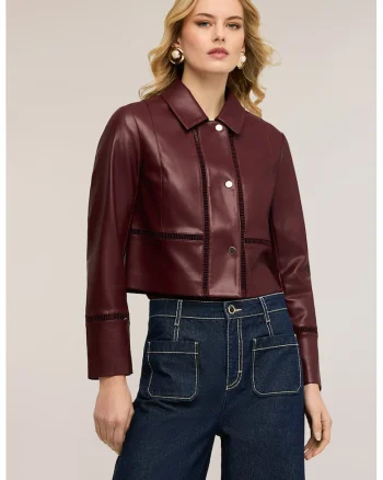 Jacheta crop de piele sintetica, Visiniu