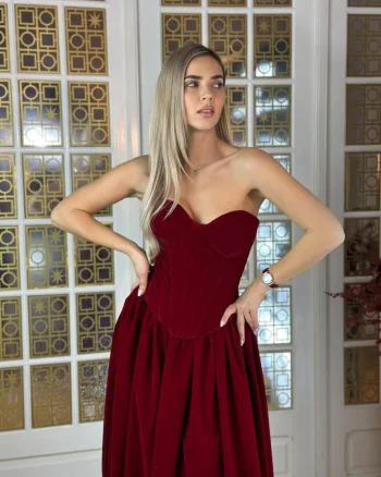 Corset din catifea Dalia, Rosu inchis