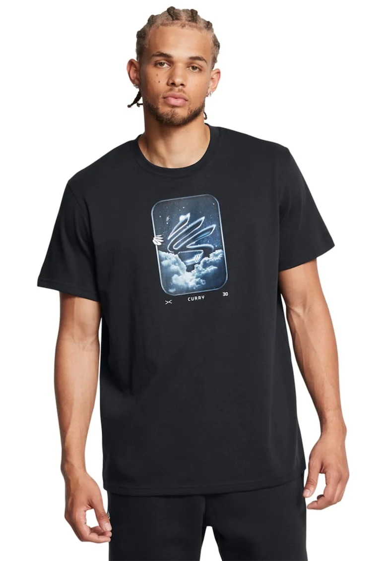 Tricou cu decolteu la baza gatului si imprimeu pentru baschet, Negru