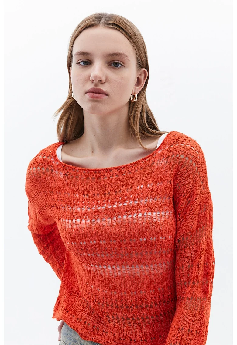 Pulover tricotat cu perforatii, Coral