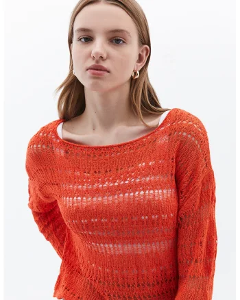 Pulover tricotat cu perforatii, Coral