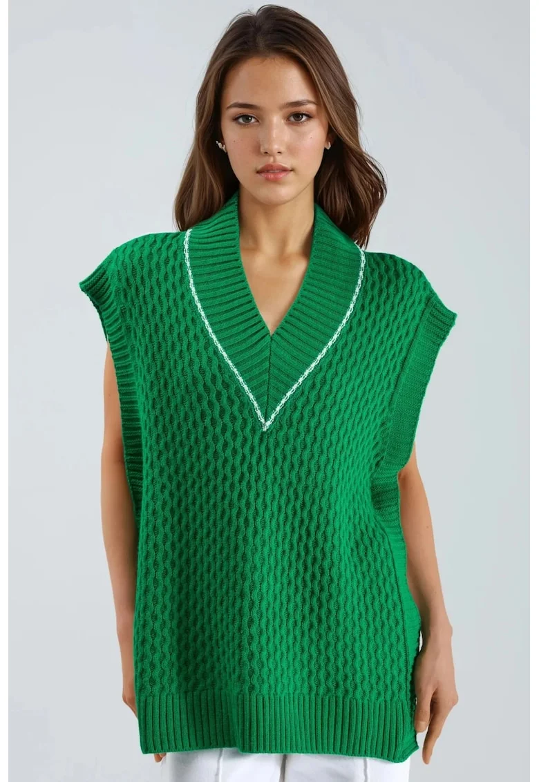 Vesta dama,  acril, tricotata, lunga, verde, 2XL
