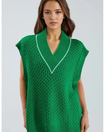 Vesta dama,  acril, tricotata, lunga, verde, 2XL