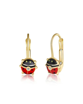Cercei cu Tortite pentru Copii din Aur Galben de 18K cu Diamante de 0.05ct si Buburuza