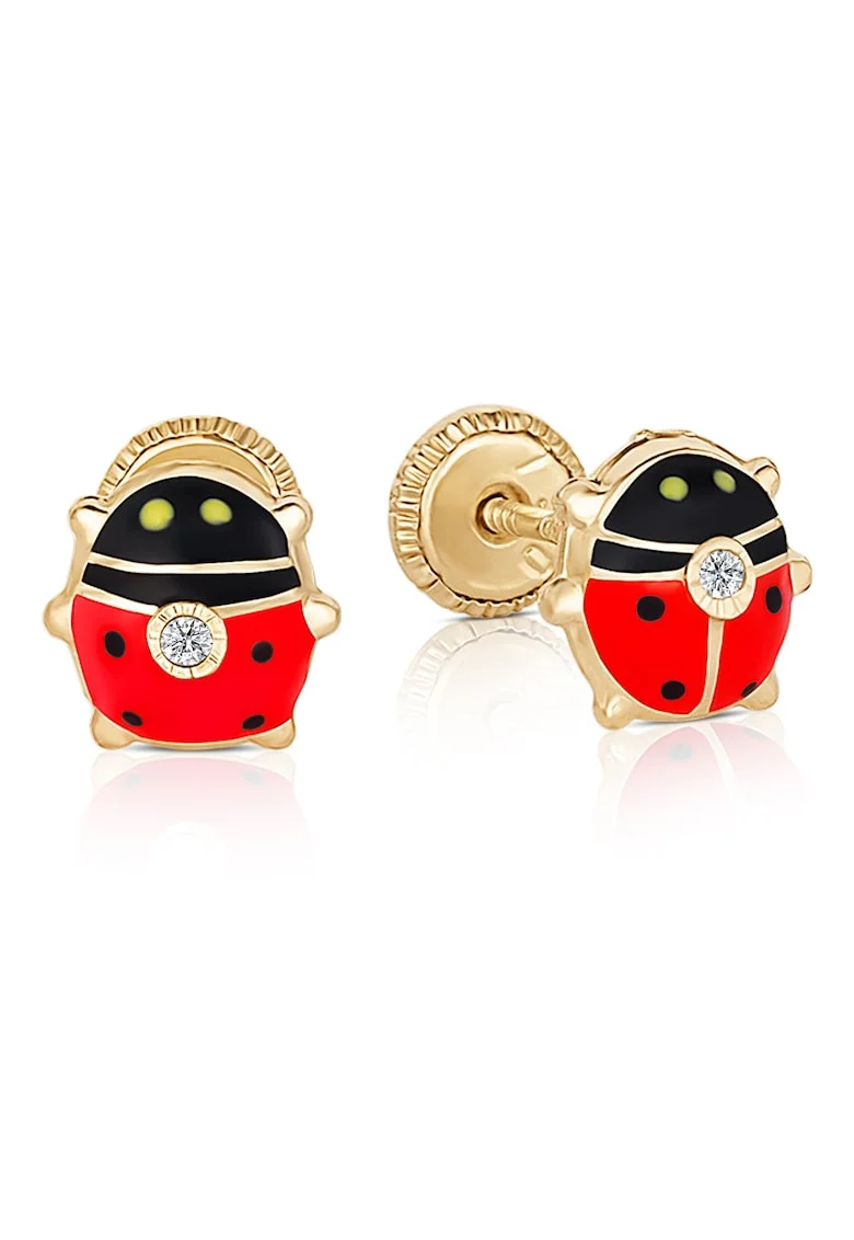Cercei cu Protectie pentru Copii din Aur Galben de 18K cu Diamante de 0.05ct, Buburuza,