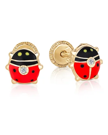 Cercei cu Protectie pentru Copii din Aur Galben de 18K cu Diamante de 0.05ct, Buburuza,
