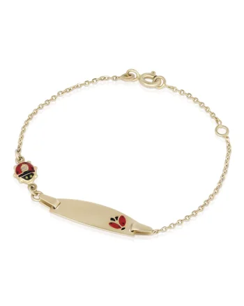 Brarata pentru Copii din Aur Galben de 18K cu Diamante de 0.05ct, Placuta Nume, Buburuza Rosie,