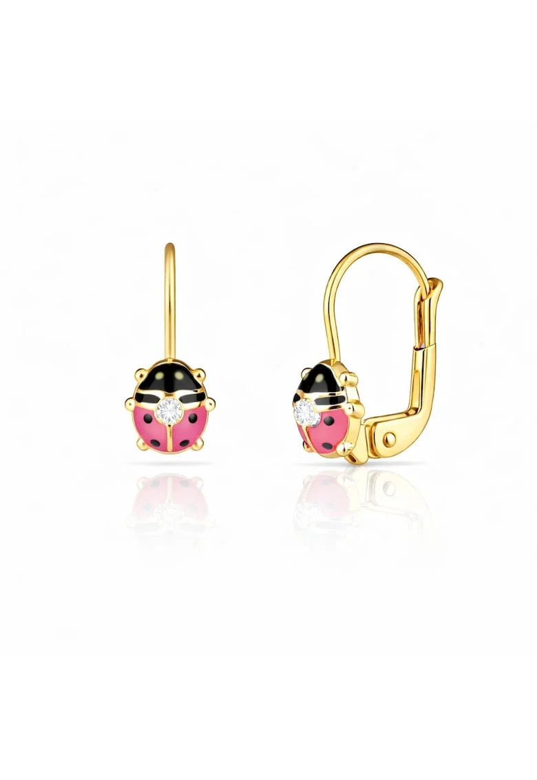 Cercei cu Tortite pentru Copii din Aur Galben de 18K cu Diamante de 0.05ct, Buburuza,
