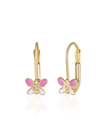 Cercei cu Tortite pentru Copii din Aur Galben de 18K cu Diamante de 0.05ct, Fluture,