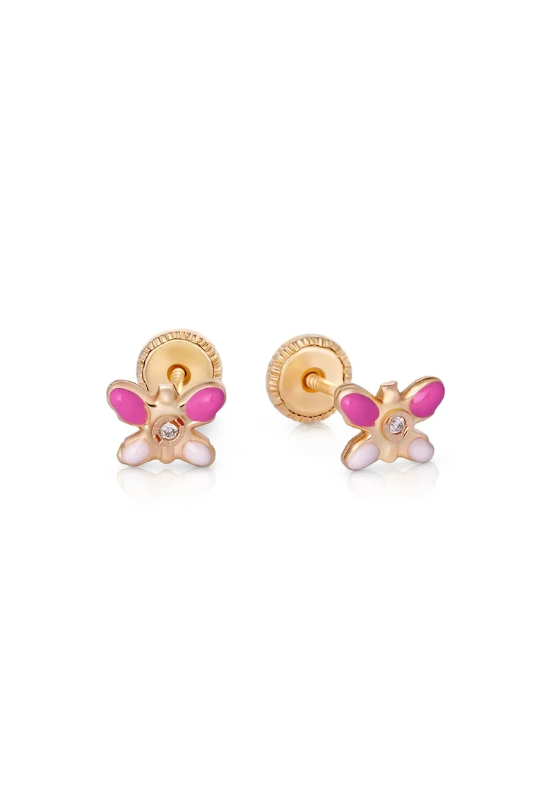 Cercei cu Protectie pentru Copii din Aur Galben de 18K cu Diamante de 0.05ct, Fluture,
