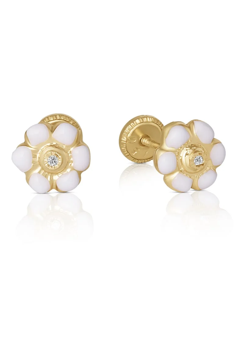 Cercei cu Protectie pentru Copii din Aur Galben de 18K cu Diamante de 0.05ct, Floare,