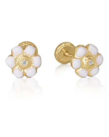 Cercei cu Protectie pentru Copii din Aur Galben de 18K cu Diamante de 0.05ct, Floare,