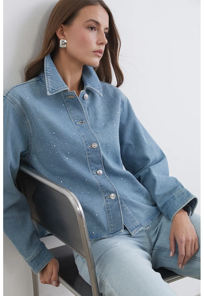 Jacheta de denim cu strasuri, Albastru prafuit
