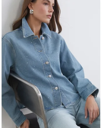 Jacheta de denim cu strasuri, Albastru prafuit