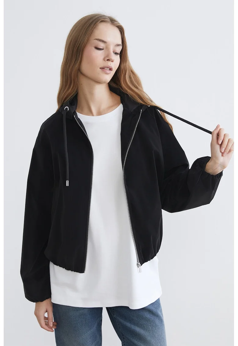 Haina de ploaie crop supradimensionata cu gluga, Negru