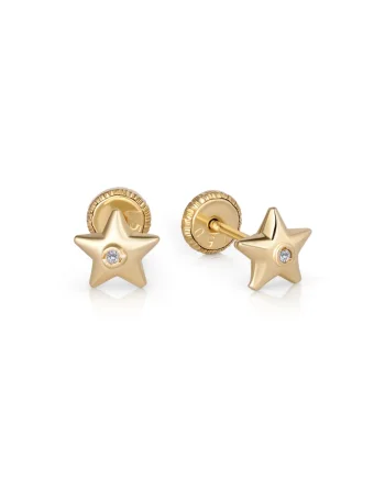 Cercei cu Protectie pentru Copii din Aur Galben de 18K cu Diamante de 0.05ct, Stea,