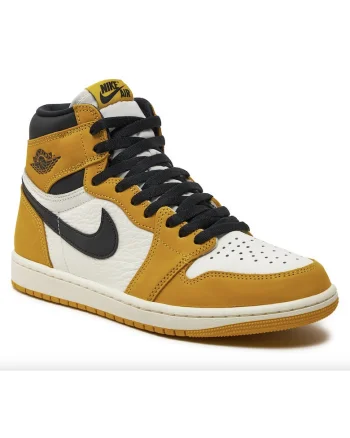 Pantofi sport pentru barbati Air Jordan 1 Retro High OG, Multicolor, piele naturala, Talpa din cauciuc cu sistem de amortizare Air, model DZ5485 701, Galben inchis