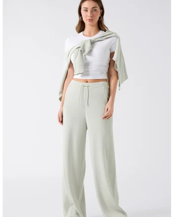 Pantaloni cu croiala ampla si talie medie, Verde pal