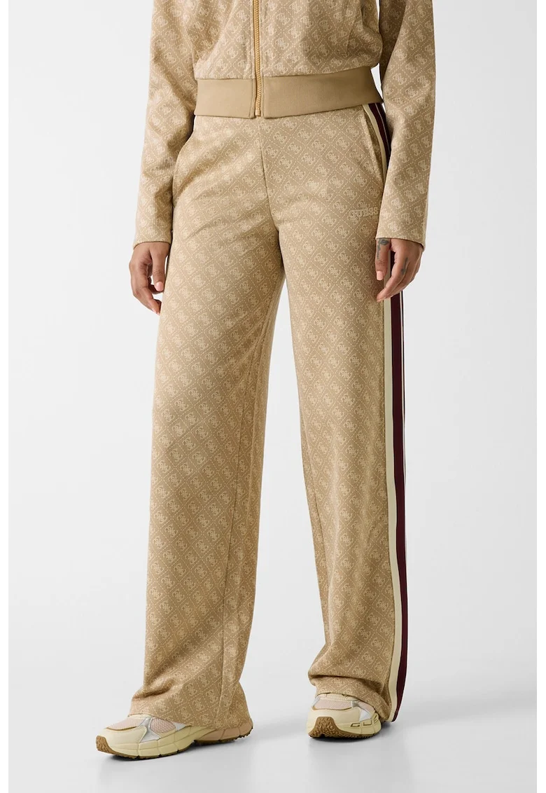Pantaloni cu talie inalta si model logo, Bej
