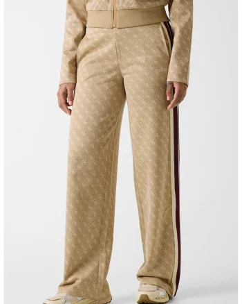 Pantaloni cu talie inalta si model logo, Bej