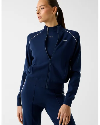 Bluza de trening slim fit cu fermoar si logo, Bleumarin