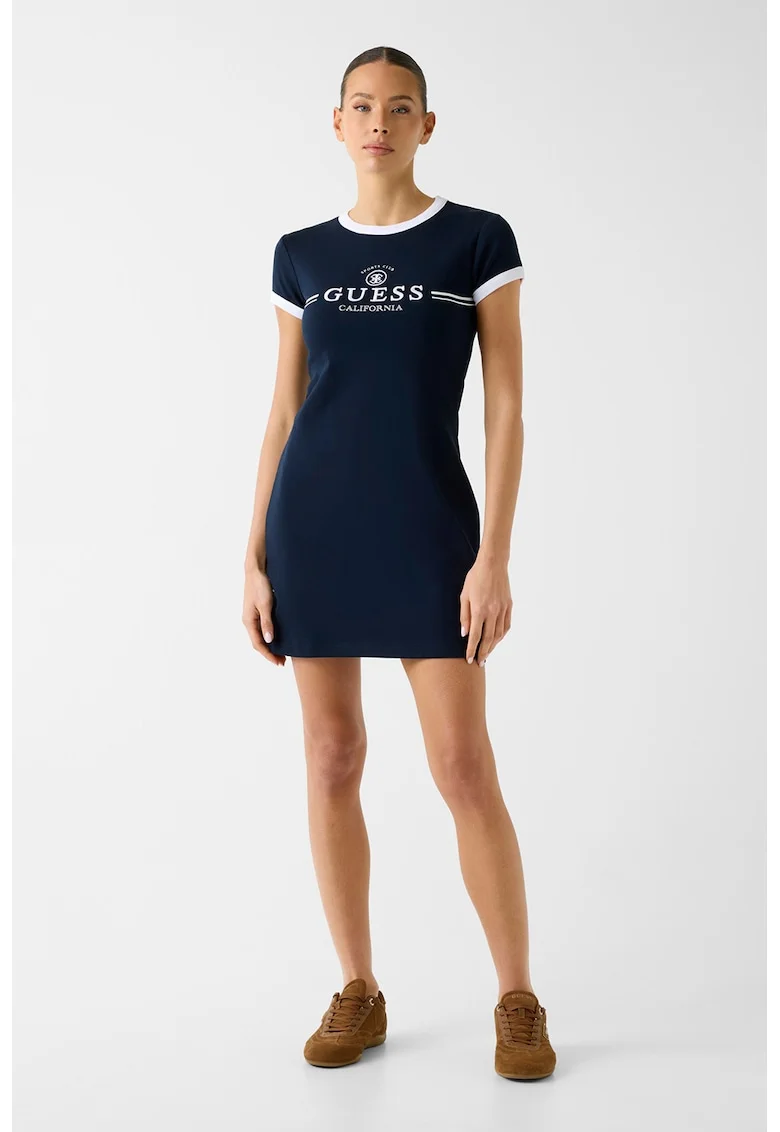 Rochie din amestec de bumbac cu maneci scurte si logo, Albastru inchis/Alb optic