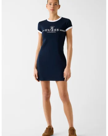 Rochie din amestec de bumbac cu maneci scurte si logo, Albastru inchis/Alb optic