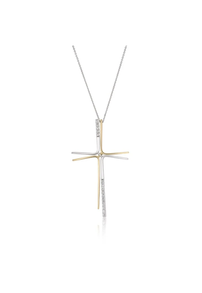 Colier din Aur Galben si Aur Alb de 14K cu Cruciulita si Zirconia,
