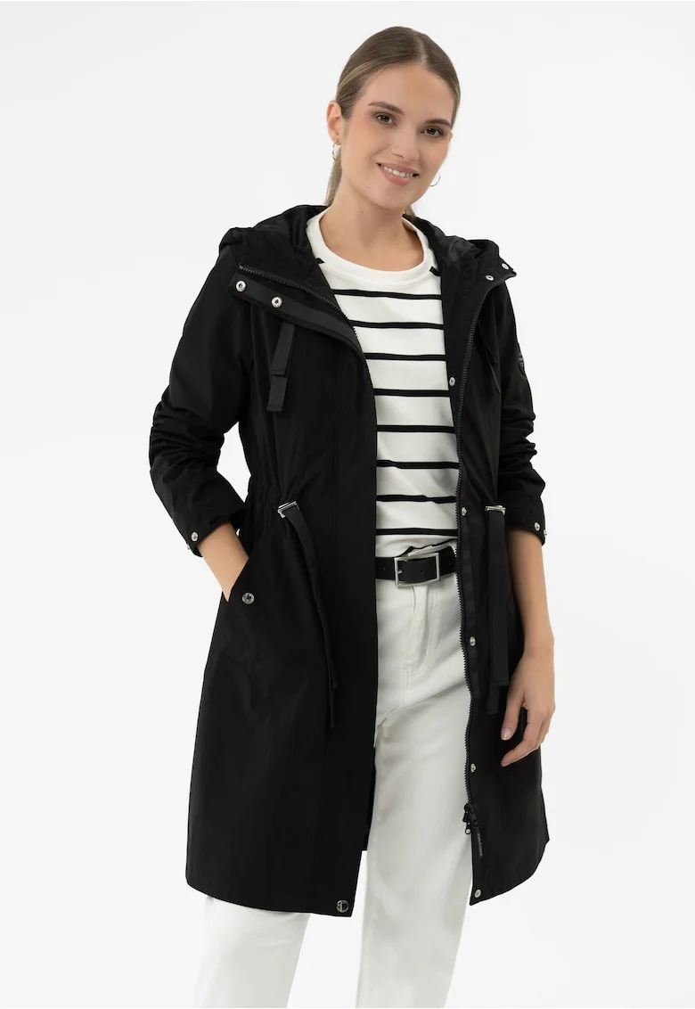 Jacheta impermeabila pana la genunchi, cu gluga, ajustabila la talie,  J-Izra, neagra, Negru
