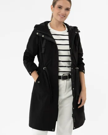 Jacheta impermeabila pana la genunchi, cu gluga, ajustabila la talie,  J-Izra, neagra, Negru