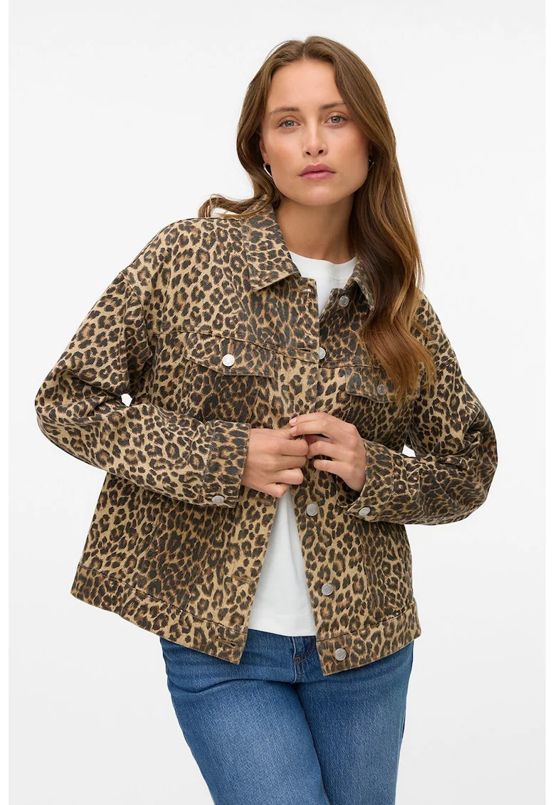 Jacheta din denim cu animal print, Negru/Caramel/Galben mustar