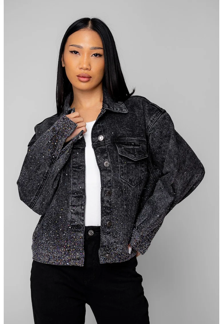 Jacheta din denim cu strasuri Black 20334, Negru