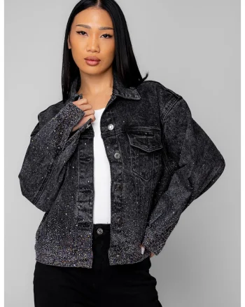 Jacheta din denim cu strasuri Black 20334, Negru